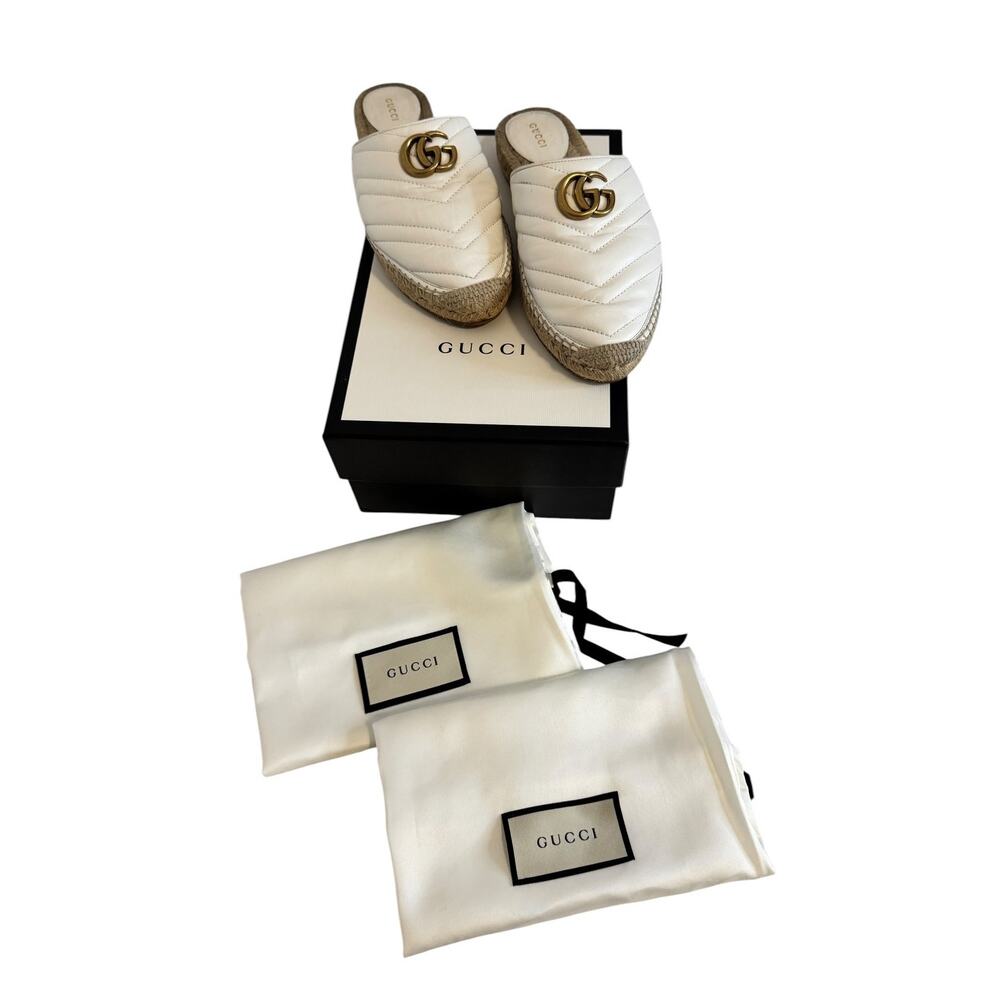 Gucci GG Marmont White Matelassé Leather Espadrille Mules Slides 39 Box Included